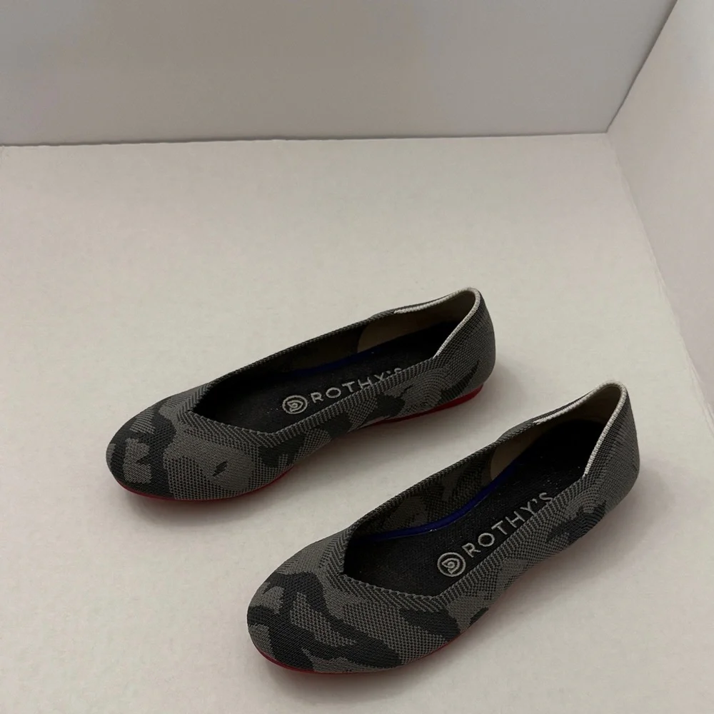Rothy's Gray Camouflage Knit Ballet Flats with Red Soles - Picture 1 of 5